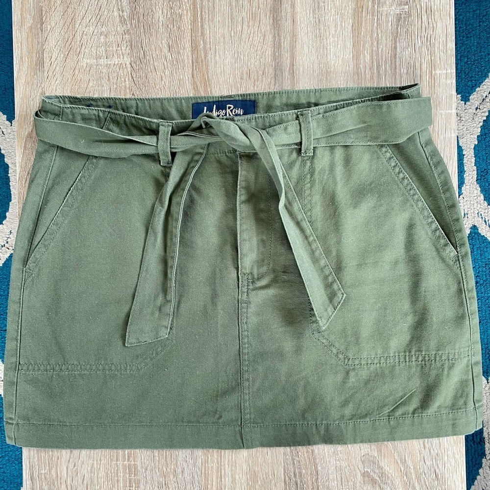 Indigo Rein Olive Green Mini Skirt with Tie Belt